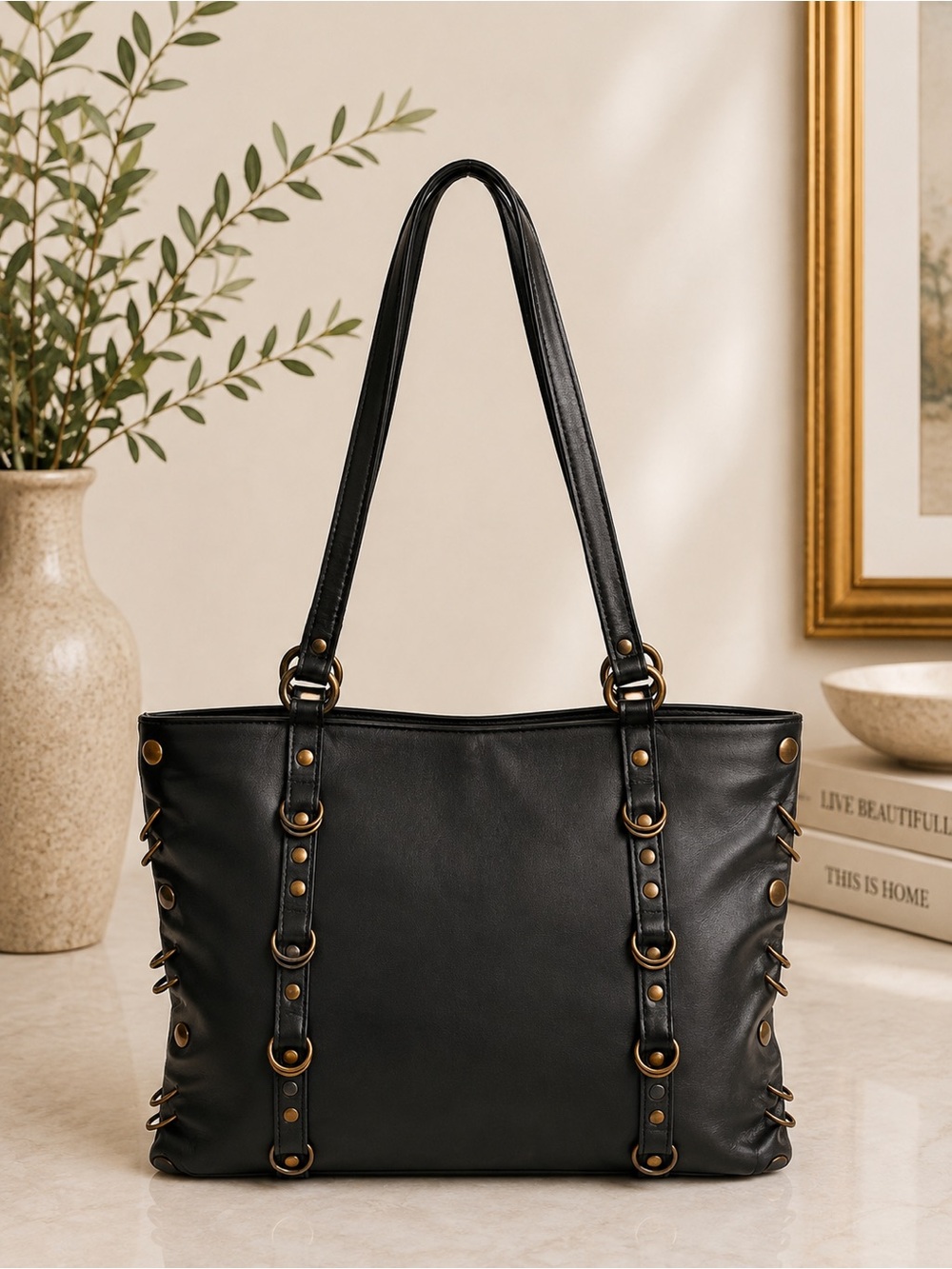 Suarez Black Leather Studded Lace Up Tote Shoulder Bag Made in Italy